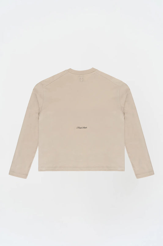 KNST Uzun Kollu Nakışlı Oversize Krem T-Shirt