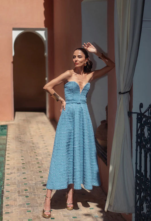 LN Paloma Tüvit Mavi Straplez Elbise