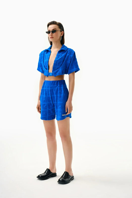 KNTLGY Mavi Havlu Kumaş Crop Ceket