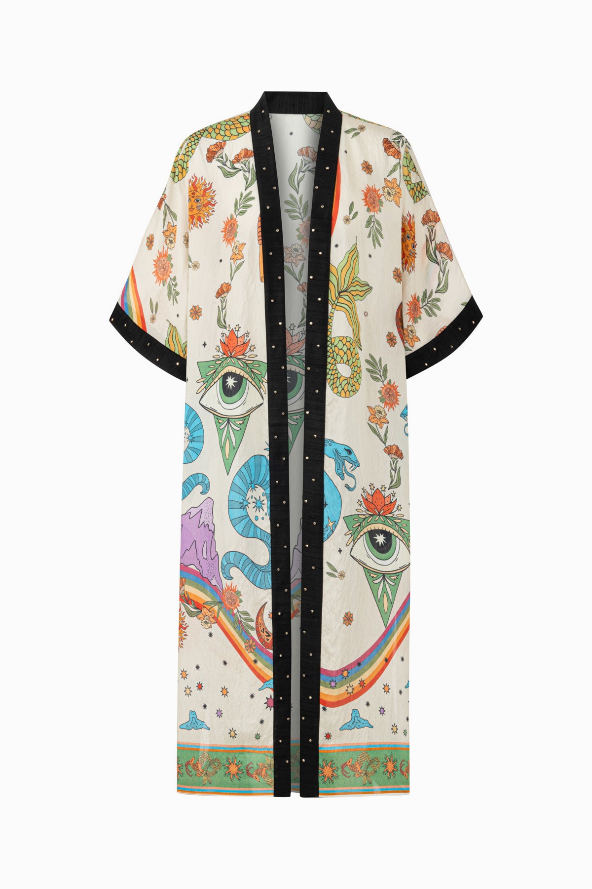 Saint Ones astroloji desenli kimono, Göz ve yılan figürlü yazlık kadın kimono, Renkli kısa kimono ürün görseli