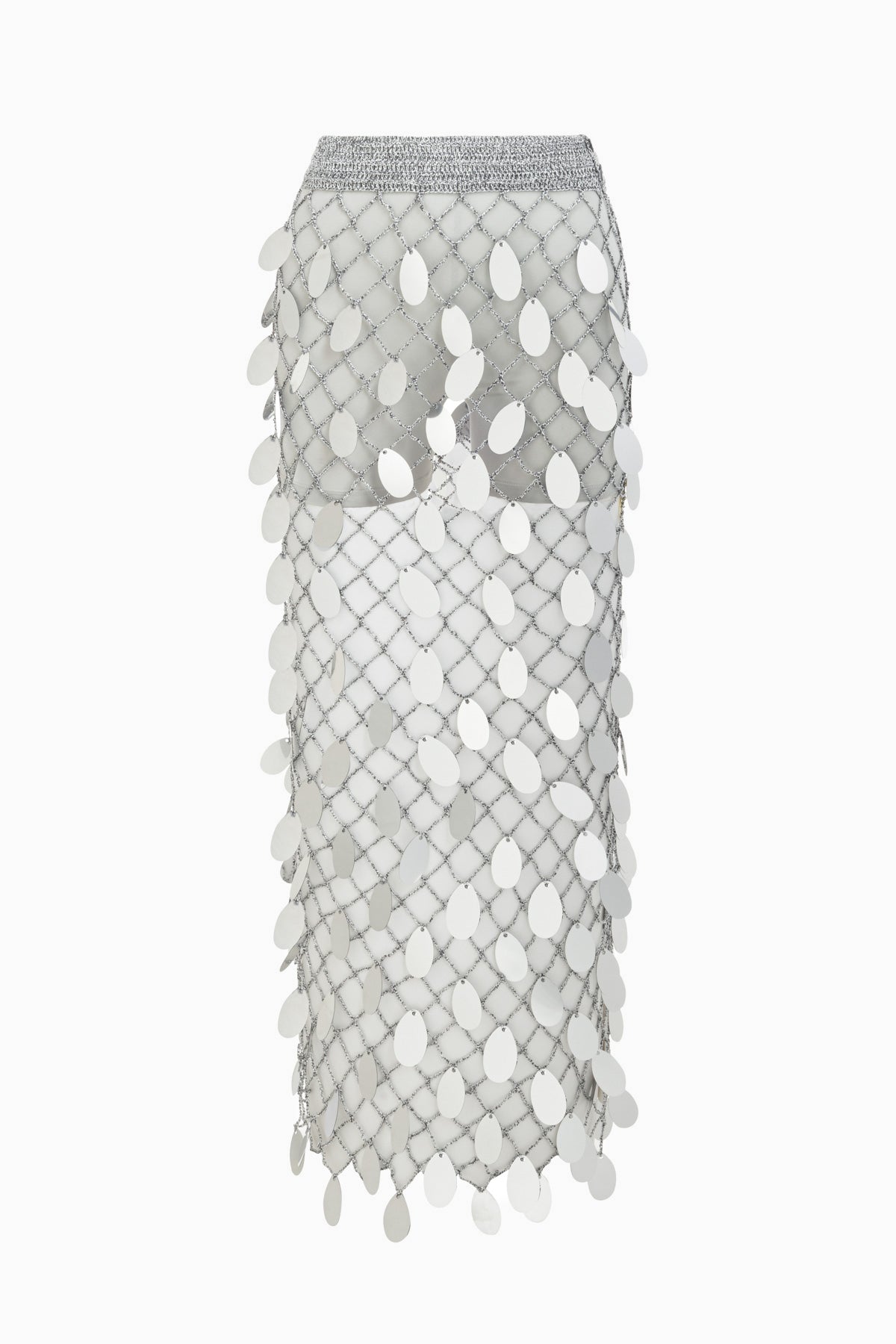 Gümüş pul işlemeli transparan midi etek, iç astarlı ve file dokulu