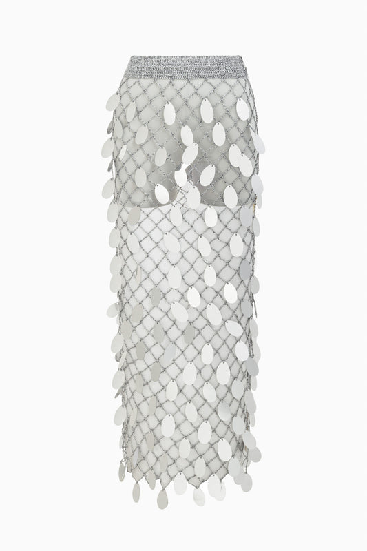 Gümüş pul işlemeli transparan midi etek, iç astarlı ve file dokulu
