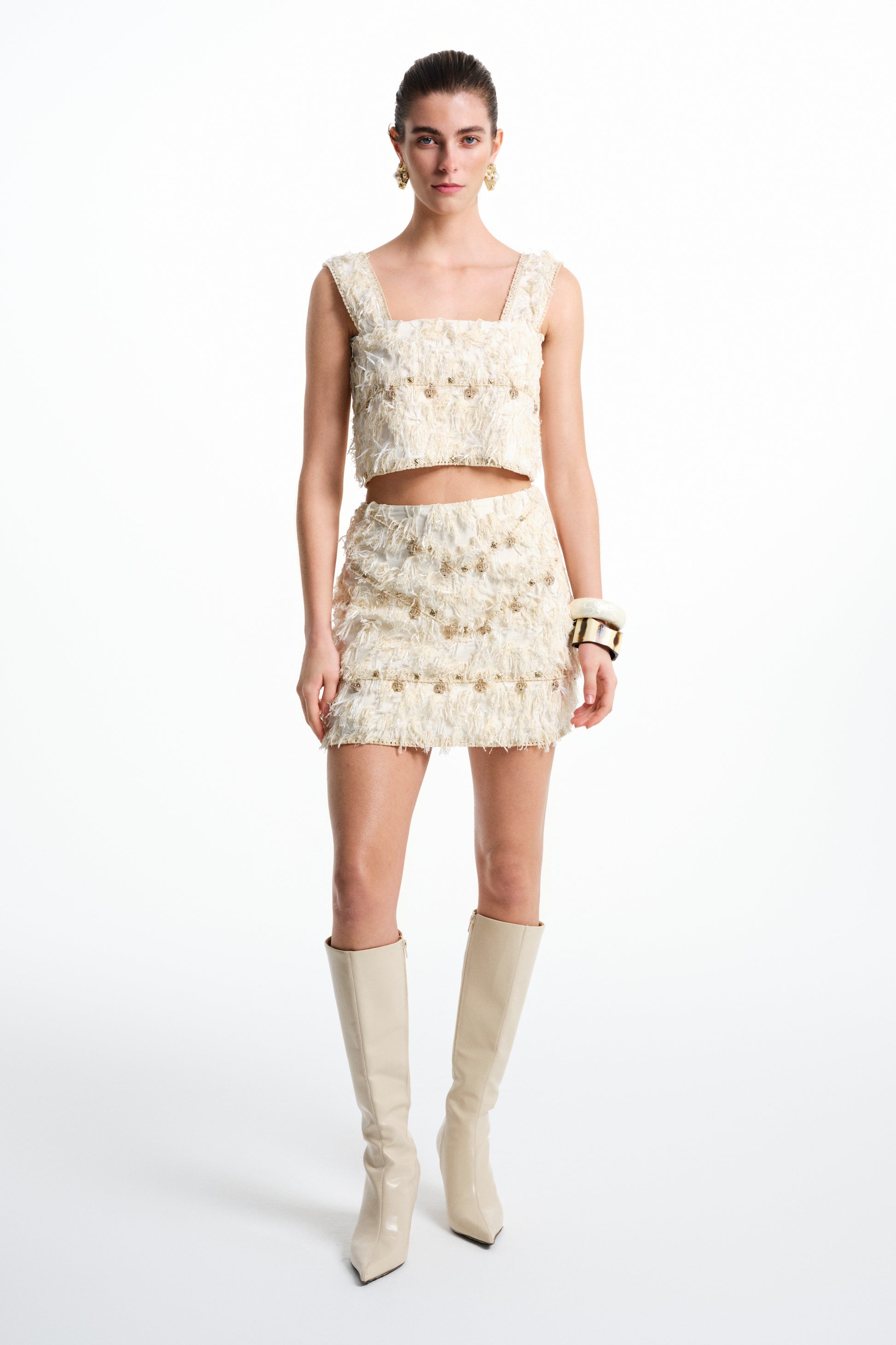 Krem rengi püsküllü mini kadın etek