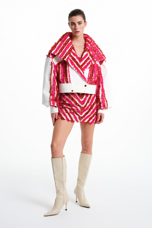 buklet şerit detaylı krem kısa ceket, Kırmızı kahverengi çizgili kısa kadın ceket, Retro modern crop ceket ürün görseli