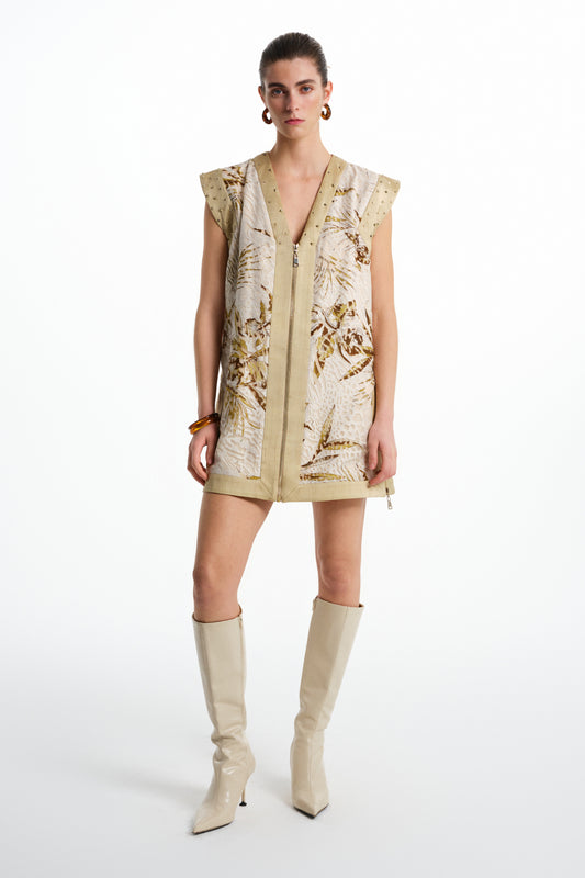 Tropikal desenli, fermuarlı, bej tonlarında kolsuz kadın yelek