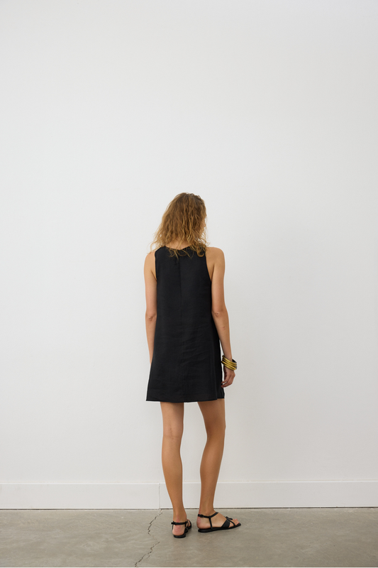 AB Keten Halter Yaka Mini Siyah Elbise