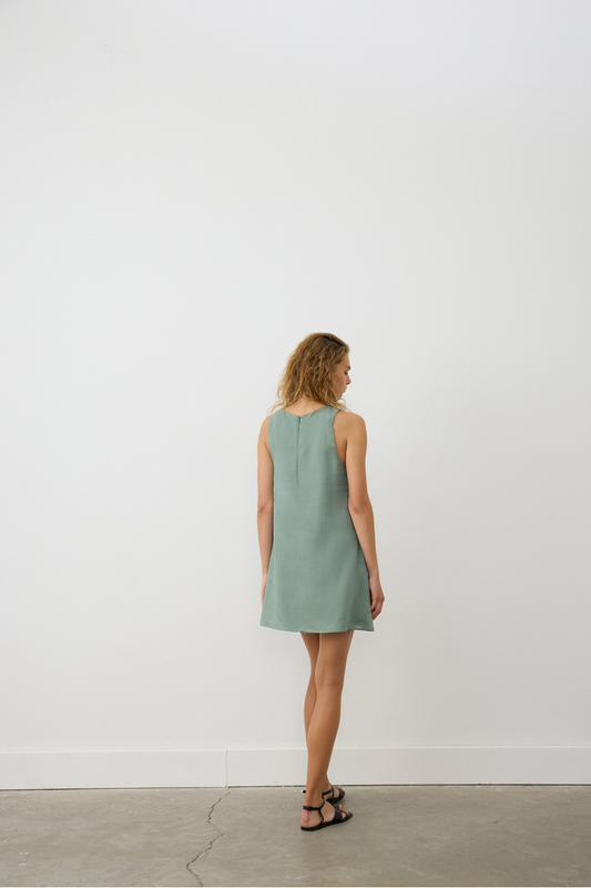 AB Keten Halter Yaka Mini Haki Elbise