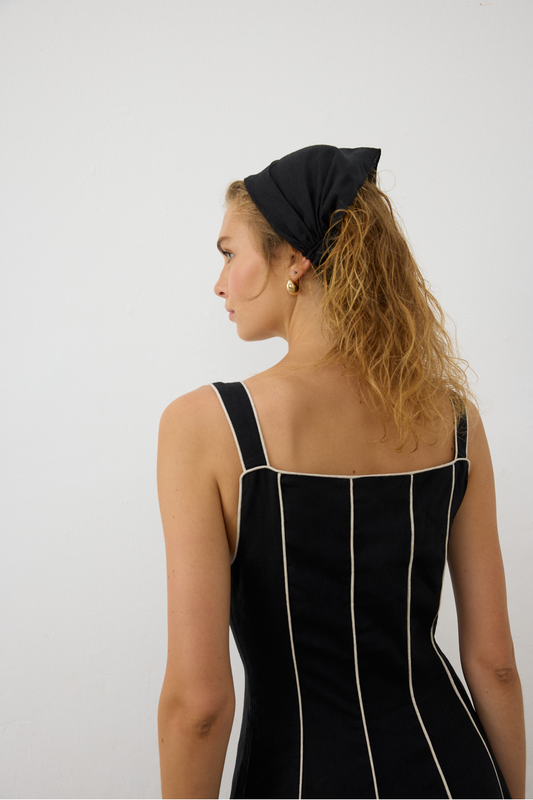 AB Keten Askılı Biye Elbise Siyah