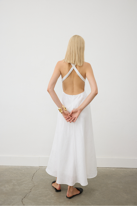 AB Keten Sırtı Açık Elbise Beyaz