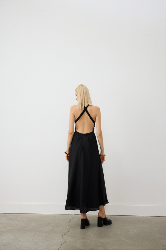 AB Keten Sırtı Açık Elbise Siyah