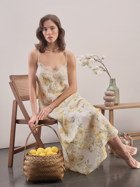 MVL Sarı Çiçekli Keten Maxi Elbise