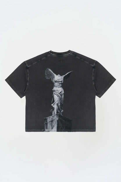 KNST Kısa Kollu Heykel Baskılı Box Fit Yıkamalı Gri T-Shirt