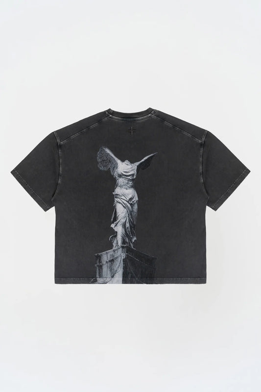 KNST Kısa Kollu Heykel Baskılı Box Fit Yıkamalı Gri T-Shirt