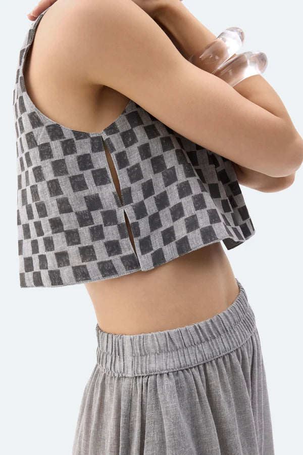 İK Dama Desenli Crop Bluz