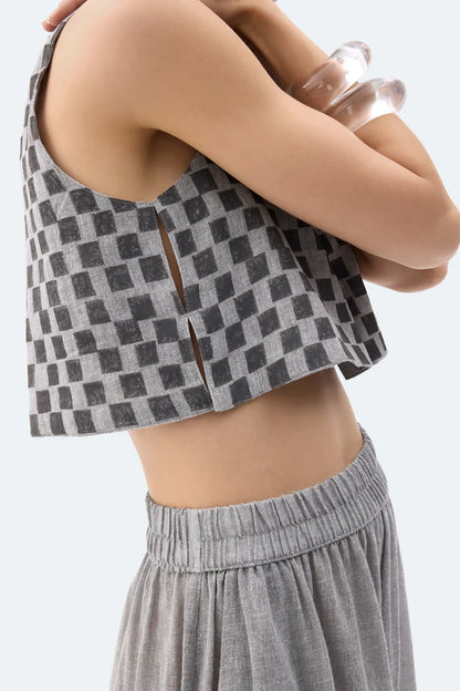 İK Dama Desenli Crop Bluz