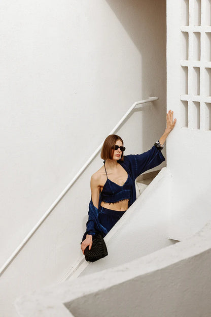 İK Keten Navy Crop Bluz
