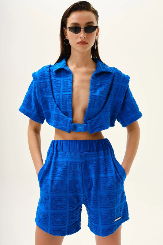 KNTLGY Mavi Havlu Kumaş Crop Ceket