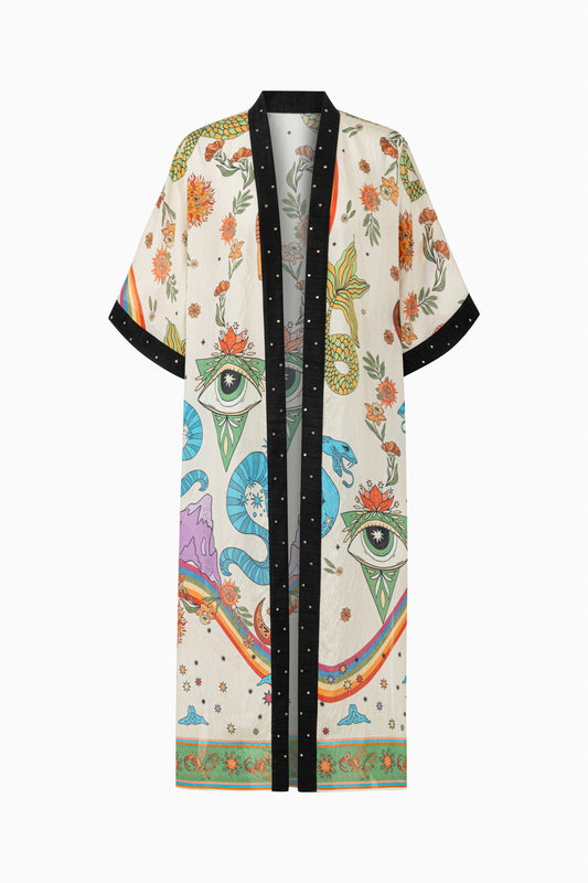Saint Ones astroloji desenli kimono, Göz ve yılan figürlü yazlık kadın kimono, Renkli kısa kimono ürün görseli